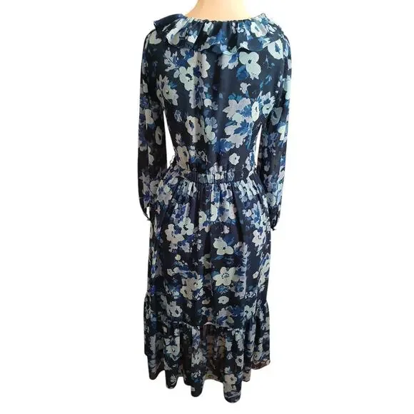 J.Crew Floral Dress Sz 4 Blue Long Sleeve Ruffle Fairygoth Boho Church Event